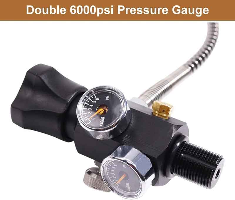 Fenduoer M18x1.5 DIN Valve Scuba Adapter with Dual Gauge,High Pressure 30 Mpa/300bar/4500psi with 24-inch-Long Black Filling Air Hose for HPA Tank,Air Tank,Paintball Scuba Fill Stations,PCP Air Rifle - Image 4